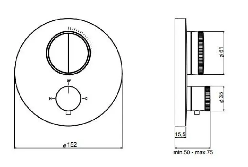 Mezclador termostático SB Push Round empotrado con desviador de pulsador y regulador de caudal acero inoxidable 1208955060