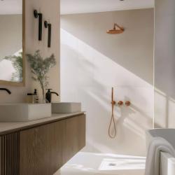 Conjunto de ducha  Waterevolution Flow empotrada con termostato ducha efecto lluvia y teleducha cobre pulido PVD