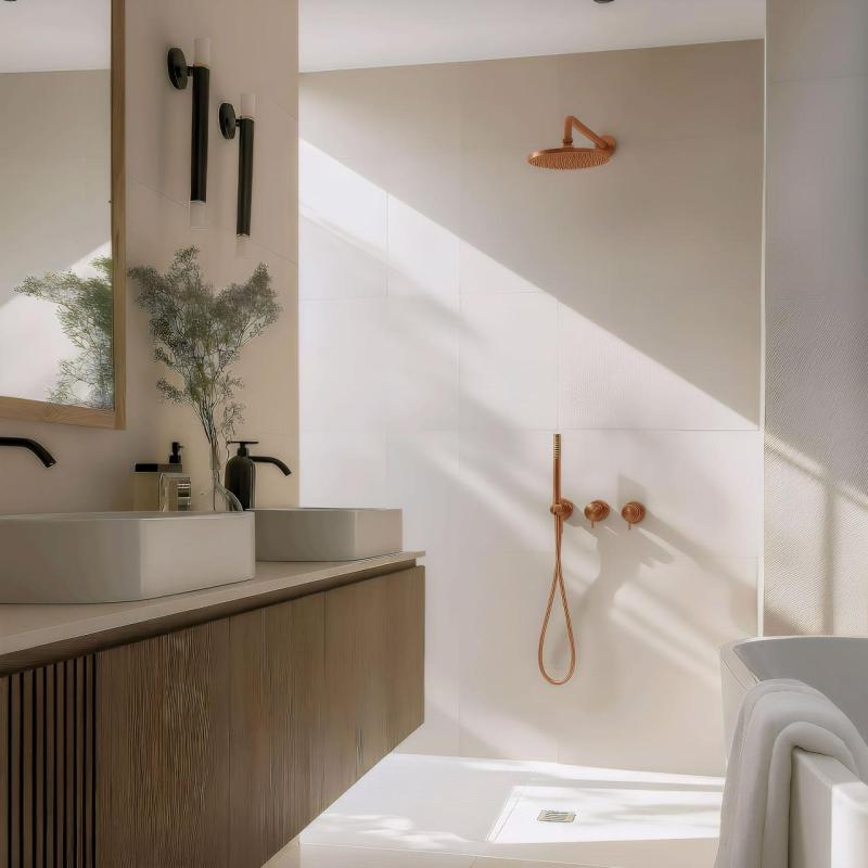 Conjunto de ducha  Waterevolution Flow empotrada con termostato ducha efecto lluvia y teleducha cobre pulido PVD