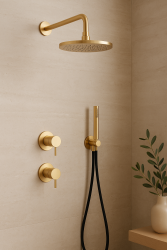 Conjunto de ducha Waterevolution Flow empotrado con termostato efecto lluvia y teleducha PVD dorado claro pulido
