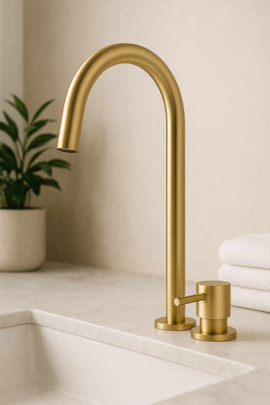 Grifo de lavabo Waterrevolution Flow de 2 orificios con caño alto de 200 mm, color Light Gold T1122UWGE