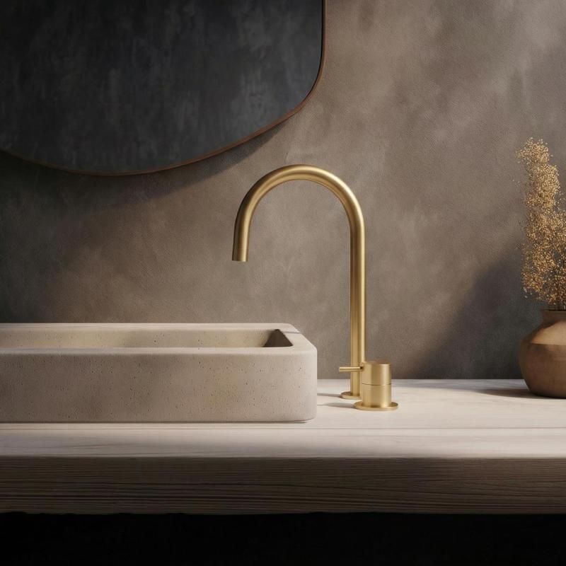Grifo de lavabo Waterrevolution Flow de 2 orificios con caño alto de 200 mm, color Light Gold T1122UWGE