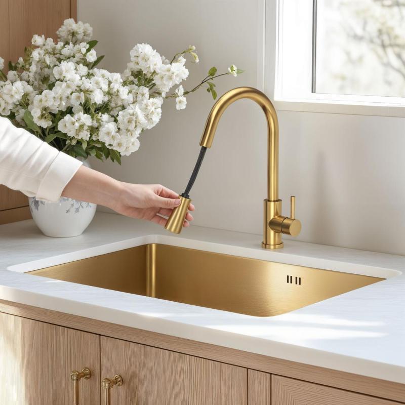 Mezclador de cocina Quadri Leeds con ducha extraíble con 2 posiciones PVD dorado satinado 1208955910