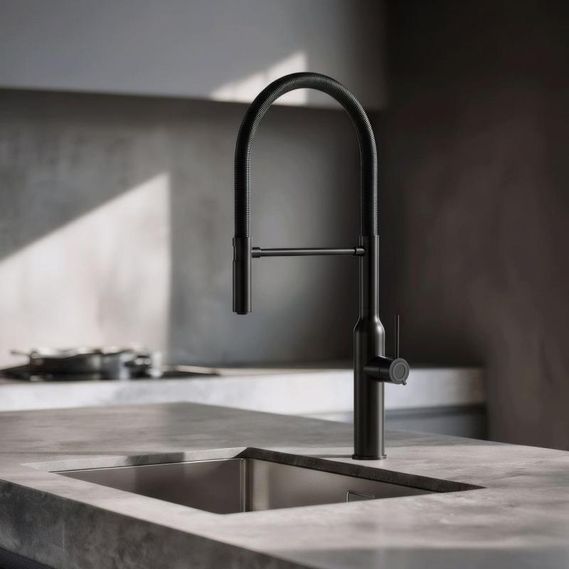 Mezclador alto de cocina Quadri Stamford con caño flexible negro mate 1208956079