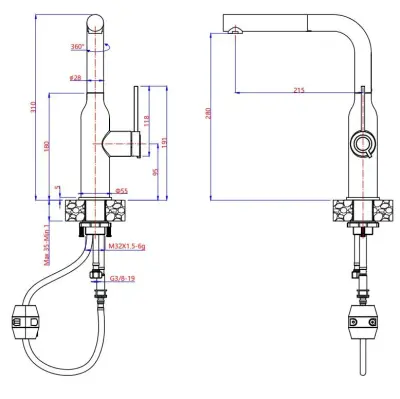 Quadri Stamford kitchen mixer tap with removable spout matte black 1208956082