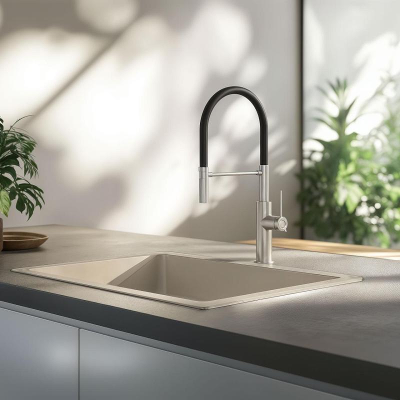 Grifo mezclador de cocina Quadri Retford de acero inoxidable con caño flexible negro 1208956089