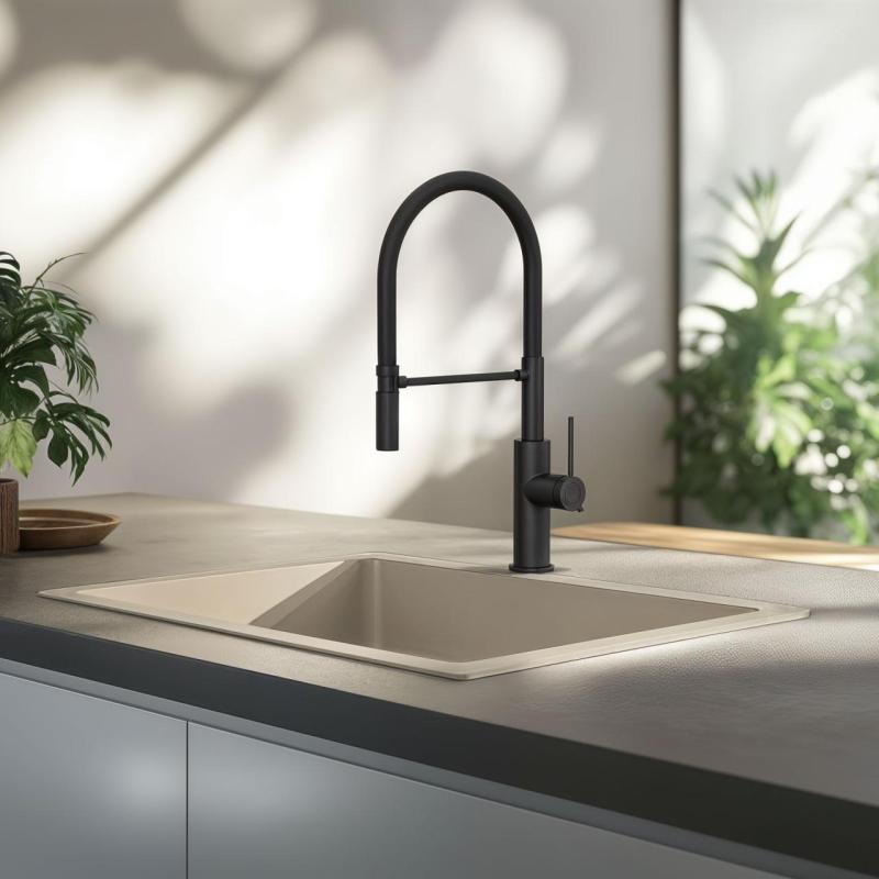 Grifo mezclador de cocina Quadri Retford negro mate con caño flexible negro 1208956090