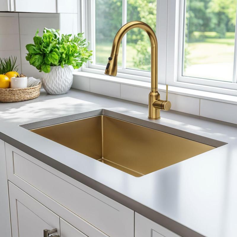 Grifo mezclador de cocina Quadri Stamford dorado con caño extraíble y posición de rociado 1208956093