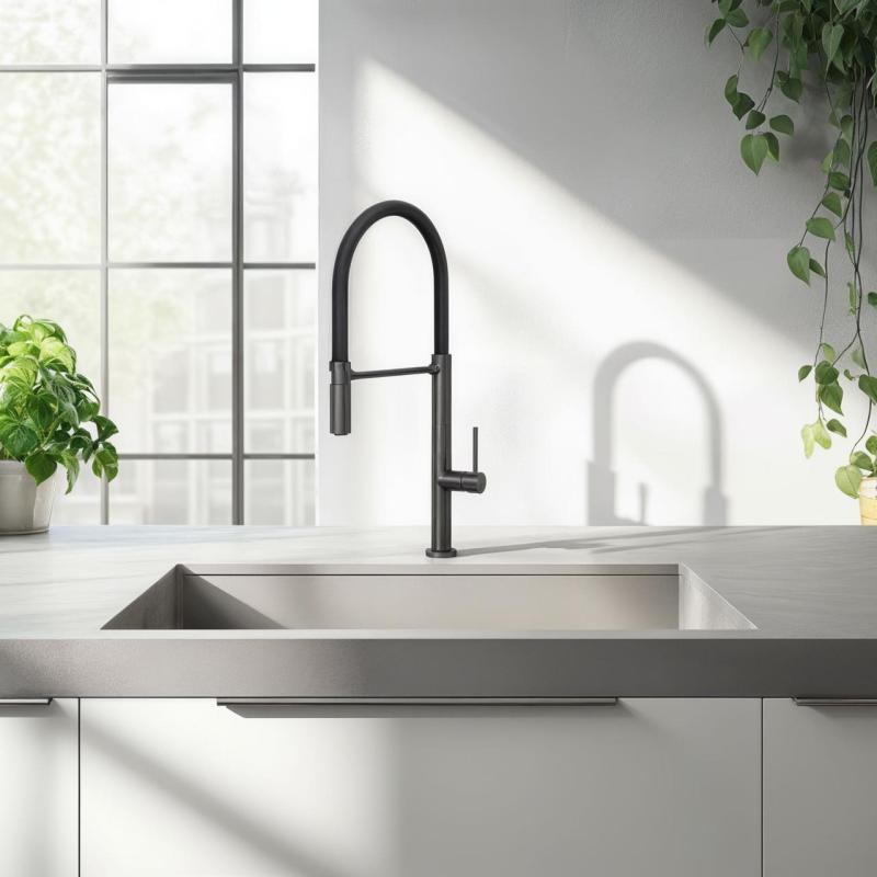 Mezclador de cocina Quadri Brighton gris plomo con caño flexible negro 1208956104