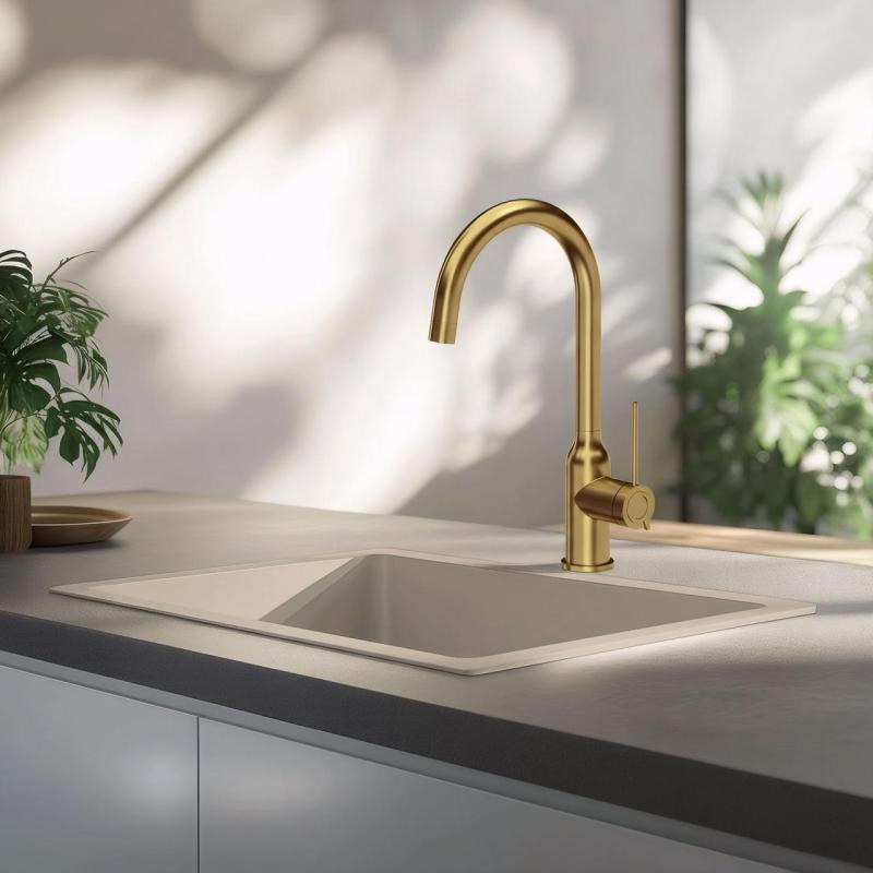 Grifo mezclador de cocina Quadri Stamford dorado con caño redondo giratorio 1208956114