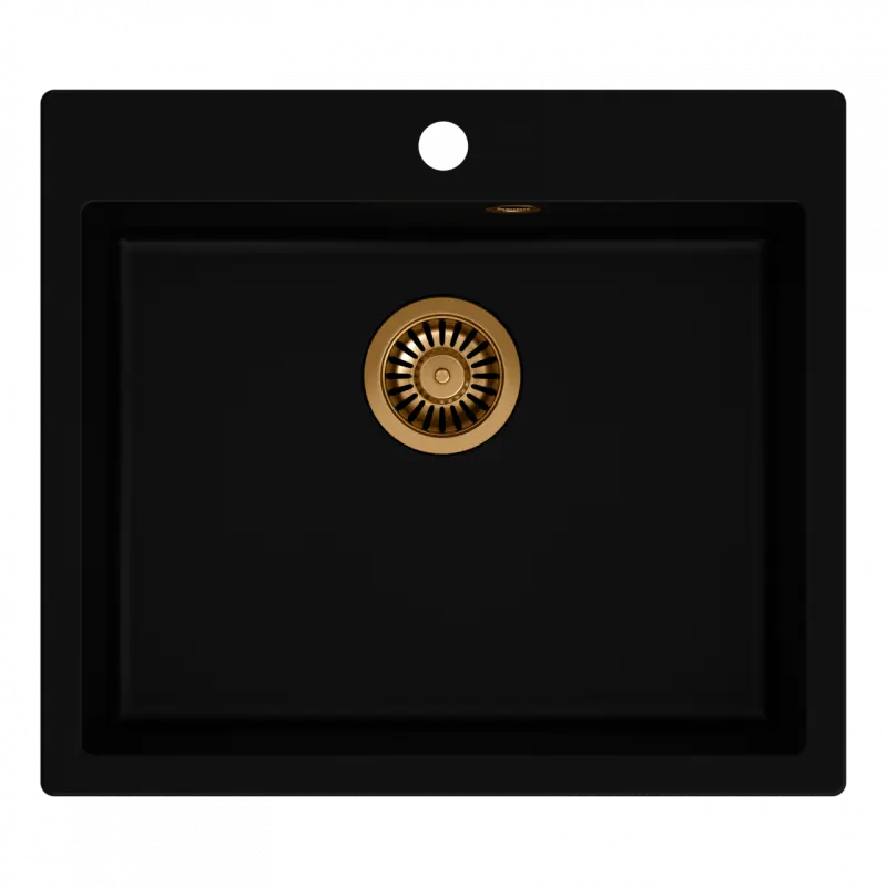 Fregadero enrasado de granito negro Quadri Sheffield 57x50cm con orificio para grifo y tapón de cobre 1208956115
