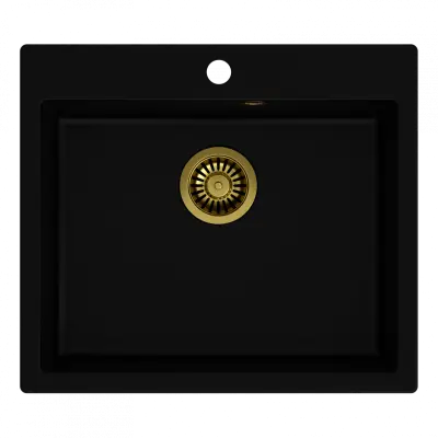 Quadri Sheffield black granite flush-mounted sink 57x50cm with tap hole bench and gold plug 1208956116