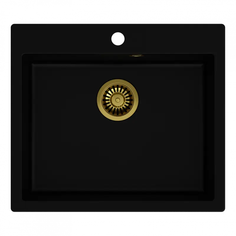 Fregadero enrasado de granito negro Quadri Sheffield 57x50cm con orificio para grifo y tapón dorado 1208956116
