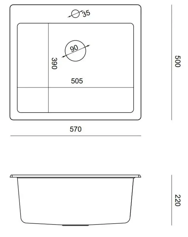 Fregadero enrasado de granito negro Quadri Sheffield 57x50cm con orificio para grifo y tapón dorado 1208956116