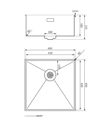Lorreine 42WT worktop stainless steel sink 42x42cm for installation in ceramic or natural stone 1208956234