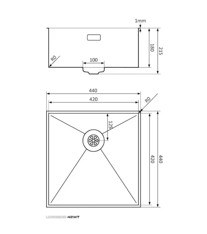 Fregadero de acero inoxidable para encimera Lorreine 42WT 42x42cm para instalación empotrada bajo encimera de cerámica o piedra natural 1208956234