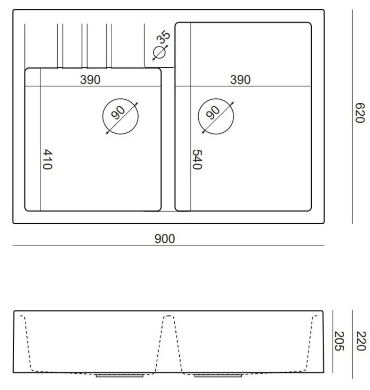 Fregadero doble Quadri Minister antracita modelo country 90x62cm con tapones negros 1208956326
