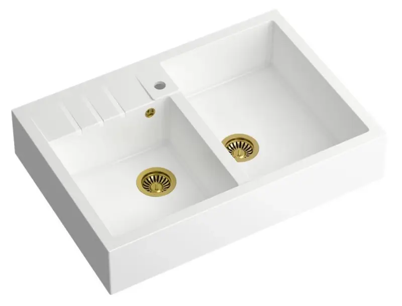 Fregadero doble Quadri Minister modelo country blanco 90x62cm con tapón dorado y rebosadero 1208956328