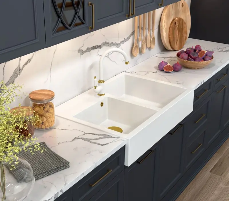 Fregadero doble Quadri Minister modelo country blanco 90x62cm con tapón de cobre y rebosadero 1208956329