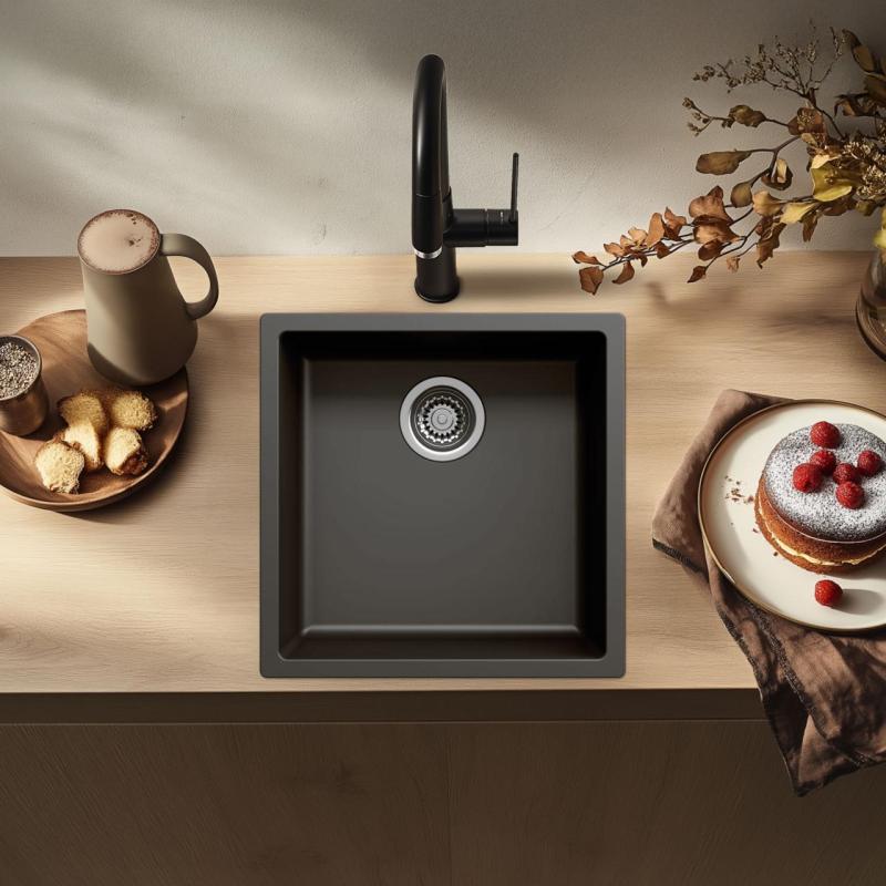 Fregadero negro 40x40cm de montaje bajo encimera, sobre encimera y enrasado con tapón de acero inoxidable 1208956390