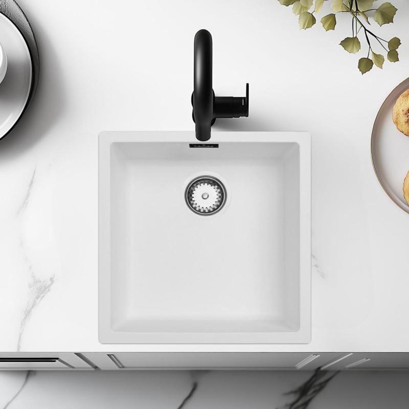 Fregadero blanco 40x40cm bajo encimera, sobre encimera y enrasado con tapón de acero inoxidable 1208956392