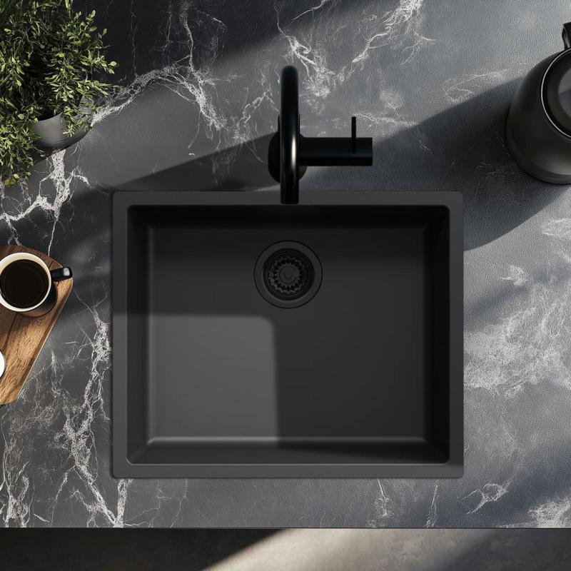 Fregadero negro 50x40cm sobre encimera, bajo encimera  y enrasado con tapón negro 1208956396
