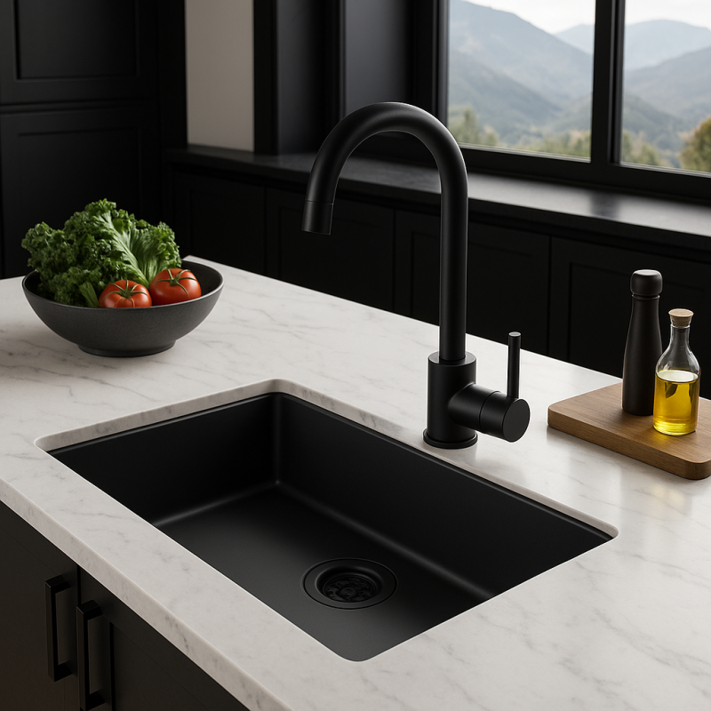 Fregadero grande negro 70x40cm bajo encimera, sobre encimera y enrasado con tapón negro 1208956401