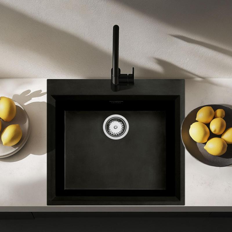 Fregadero sobre encimera negro 58 x 53 cm con orificio para grifo y tapón de acero inoxidable 1208956732