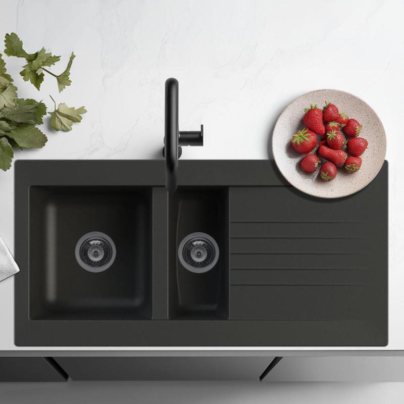 Ausmann Fibre 1,5 fregadero reversible de plástico negro con escurridor, montaje sobre encimera, 100 x 50 cm, 1208956783