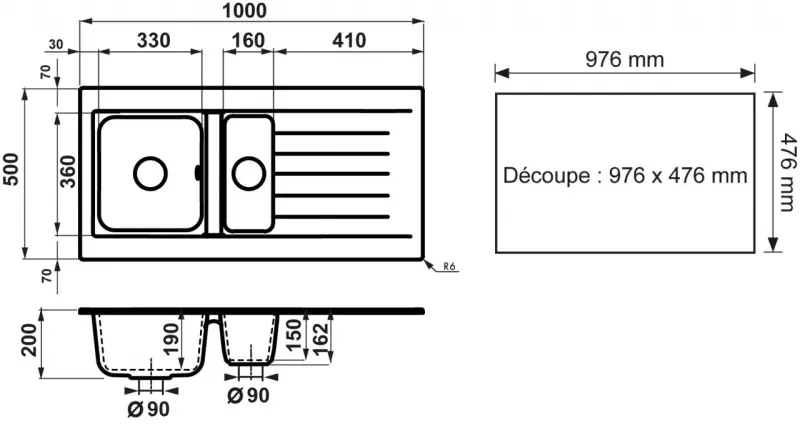 Fregadero Ausmann Fibre de un seno y medio reversible de fibra de vidrio blanco con escurridor sobre encimera 100x50 cm 1208956786