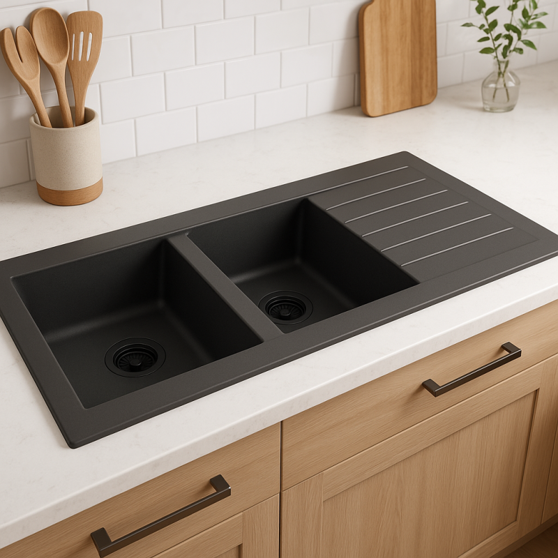 Fregadero doble Ausmann Fibre de fibra de vidrio negro reversible con escurridor sobre encimera 116x50 cm con tapón negro 1208956790