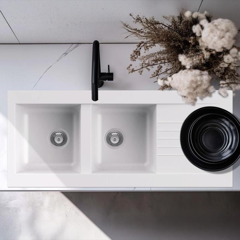 Fregadero doble Ausmann Fibre de fibra de vidrio blanco reversible con escurridor sobre encimera 116x50 cm 1208956794