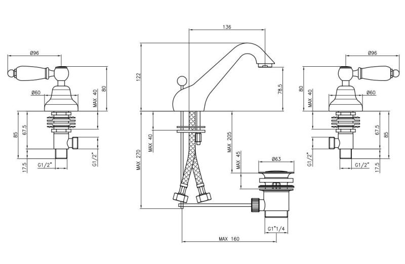Grifo PB Classic Grifo bajo de lavabo de 3 orificios Tiradores blancos acero inoxidable 1208956908