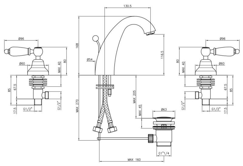 Grifo PB Classic Grifo de lavabo alto de 3 orificios Tiradores blancos acero inoxidable 1208956909