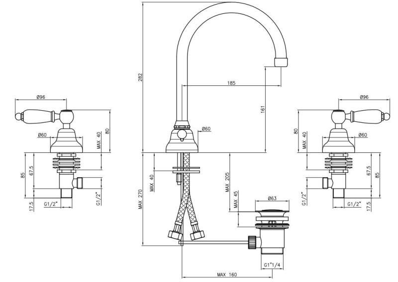Grifo PB Classic Grifo de lavabo de 3 orificios Asas blancas con caño redondo Acero inoxidable 1208956914