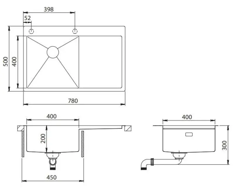 Fregadero Ausmann Turt gris plomo con escurridor derecho 780x500mm para montaje sobre encimera y enrasado 1208956953
