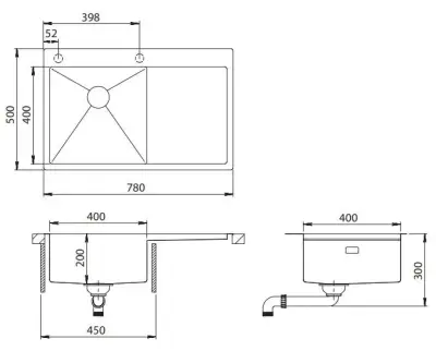 Ausmann Turt stainless steel sink with drainer right 780x500mm inset and flush-mounted 1208956954