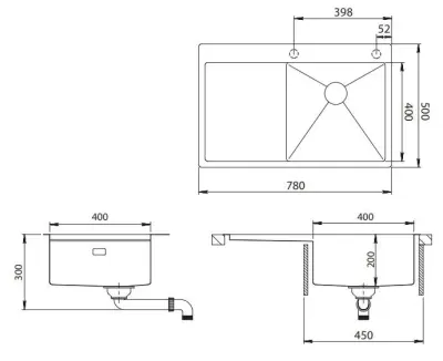 Ausmann Turt gun metal sink with drainer left 780x500mm inset and flush-mounted 1208956956