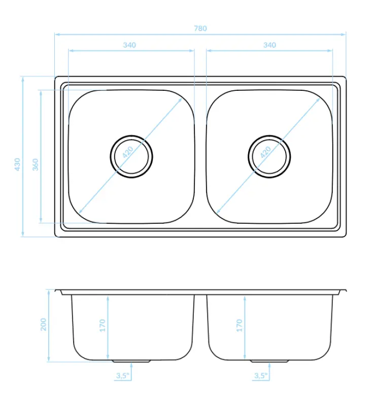 Fregadero doble Ausmann Basic para montaje sobre encimera de acero inoxidable 78x43 cm con sifón 1208956995