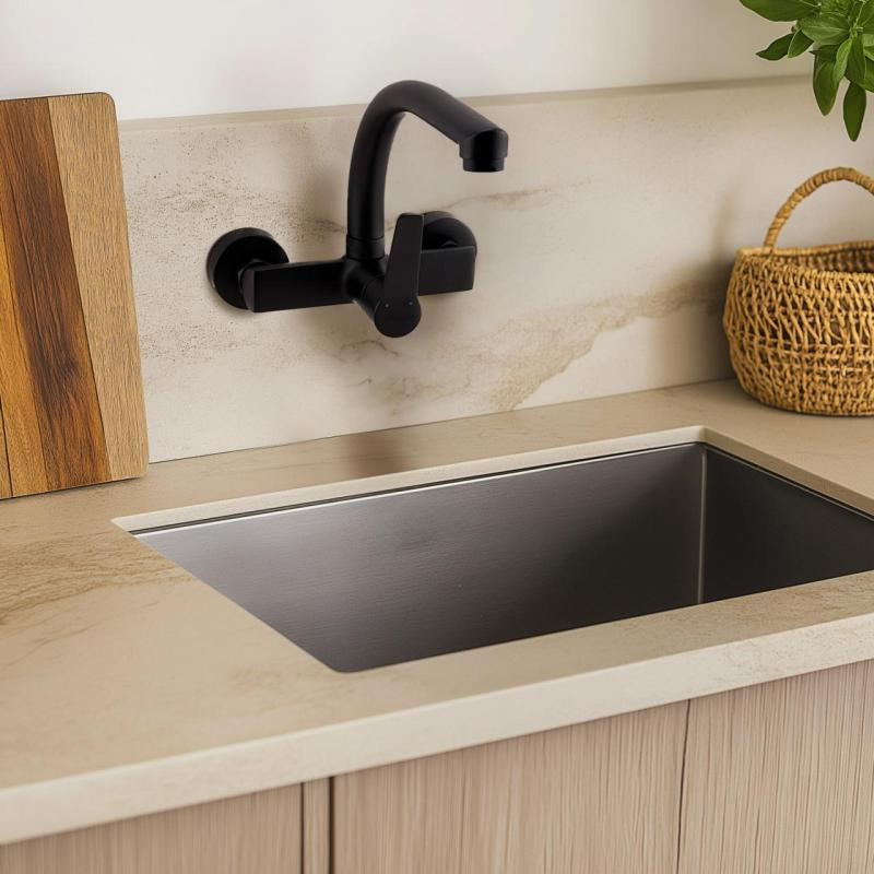 Grifo mural de cocina AquaTrimo Chopin con caño superior negro mate 21CP7073SW