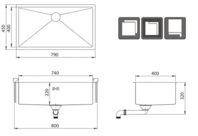 Ausmann Oder large stainless steel sink 74x40cm flush-mounted undermount and inset extra deep 22cm 1208957114