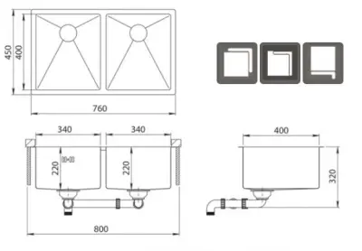 Ausmann Oder double stainless steel sink 76x45cm with 2 bowls 34x40 flush-mounted undermount and inset extra deep 22cm 1208957116