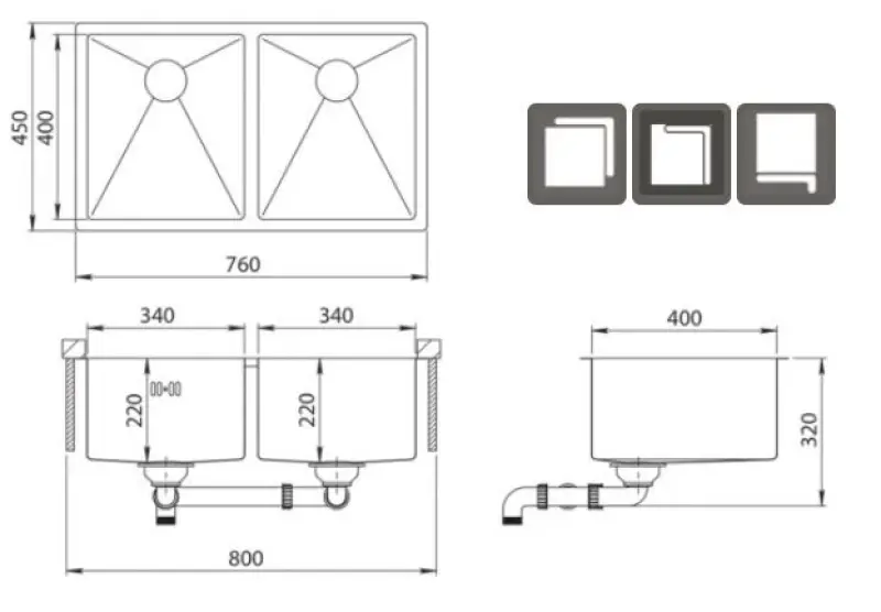 Fregadero doble Ausmann Oder de acero inoxidable 76x45cm para montaje bajo encimera, enrasado y sobre encimera extra profundo 22cm 1208957116