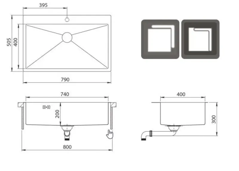 Fregadero grande Ausmann Oder Blue de acero inoxidable 79x50cm enrasado y sobre encimera con orificio para grifo de banco 1208957119