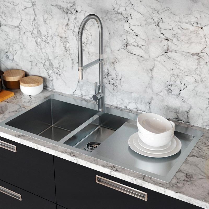 Fregadero Ausmann Oder Blue de un seno y medio de acero inoxidable 78x50cm enrasado y sobre encimera con escurridor 1208957126