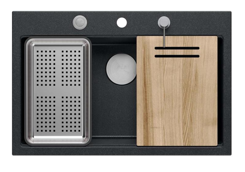 Fregadero grande de granito de roca dura negro mate Quadri 76x50cm con accesorios 1208957201