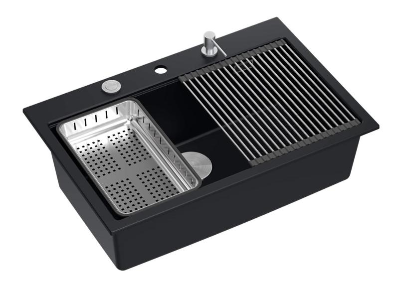 Fregadero grande de granito de roca dura negro mate Quadri 76x50cm con accesorios 1208957201