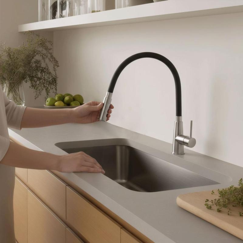 Grifo mezclador de cocina Quadri Preston de acero inoxidable con caño flexible negro de 2 posiciones 1208957228