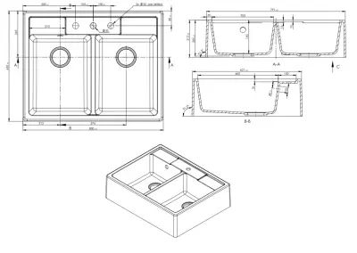 GraniteMy Farmhouse double country sink granite sink 80x63 cm white intermediate and undermount 1208957290