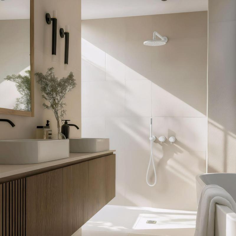 Juego de ducha empotrado Waterevolution Flow en blanco mate con termostato, ducha de lluvia y ducha de mano 1208957344